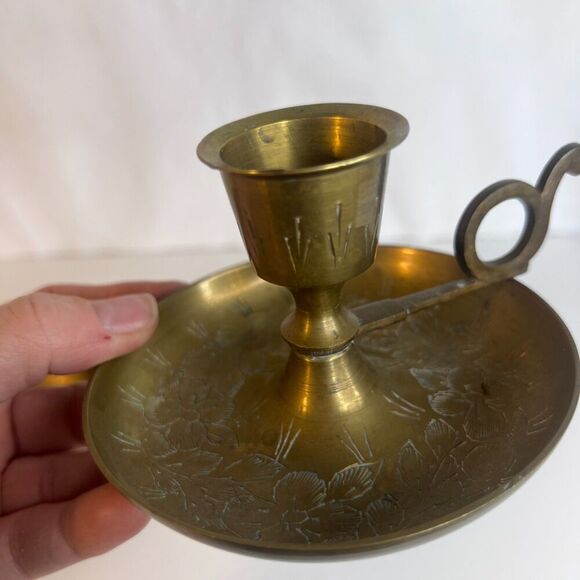 Pair Vintage Brass Candlestick Chamber Stick Finger Holder MCM Etched Floral - Picture 7 of 14